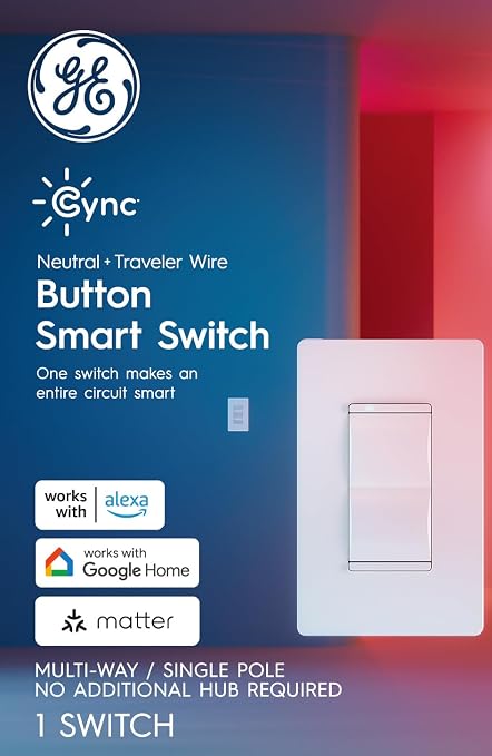 C by GE Smart Switch, Wi-Fi & Bluetooth, No Hub, Alexa Google | On/off button style, neutral wire required, works with Alexa & Google Home, no hub needed, easy DIY install