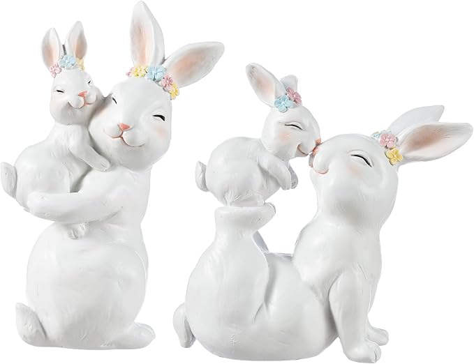 Glitzhome Easter Decorations Bunny Figurine, Set of 2 Resin Mother and Baby Rabbit Tabletop Centerpiece for Spring Home Indoor & Outdoor Decor