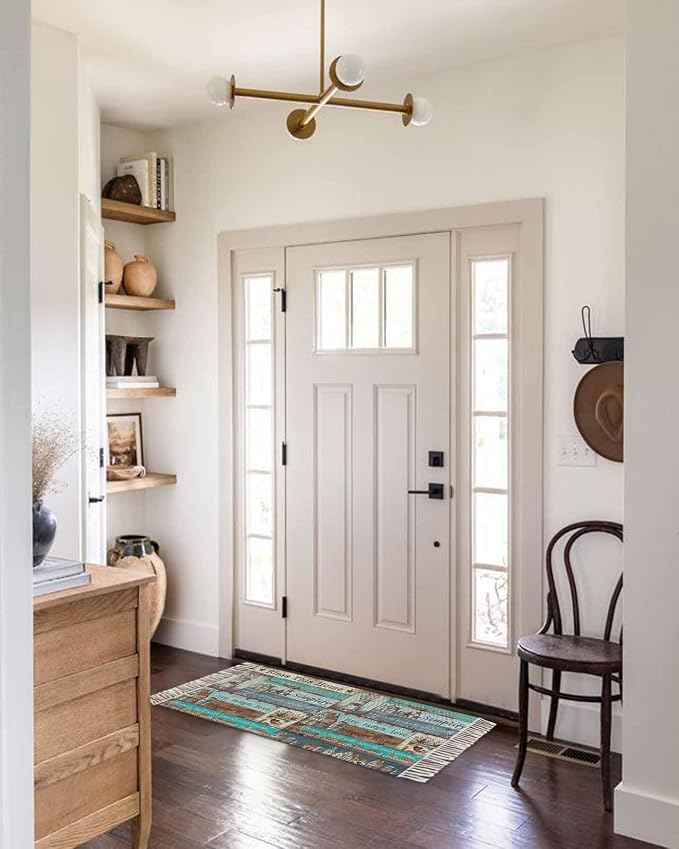 Turquoise Blue Brown Kitchen Hallway Runner Rug 2X5 Ft Carpet, Washable Woven Vintage Barn Rustic Cabin Throw Carpet with Tassel, Non-Shedding Country Star Farm Wooden Plank Entryway Laundry Rugs