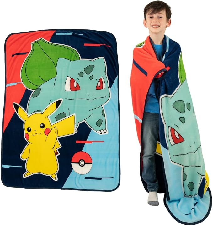 Pokemon Anime Pikachu and Bulbasaur Kids Bedding Super Soft Micro Raschel Throw, 46 in x 60 in, (Official Licensed Product) By Franco