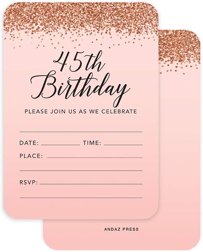 Andaz Press Blush Pink and Rose Gold Glitter Elegant Party Collection, 5x7-inch Invitations with Envelopes, 45th Birthday, 24-Pack, Double Sided Printing, Heavy Card Stock, Includes Envelopes