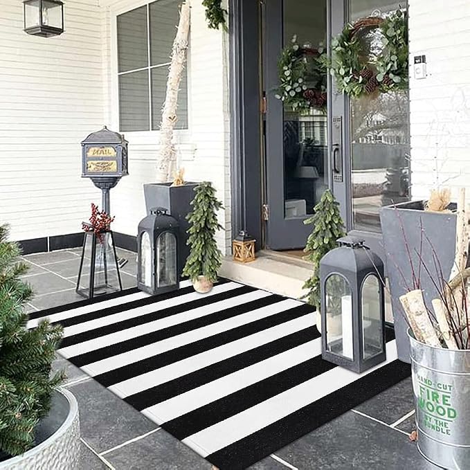 Collive Black and White Outdoor Rug 3'x 5', Hand Woven Washable Striped Outdoor Rug, Farmhouse Fall Front Porch Rug Decor, Welcome Layered Door Mats for Front Door Entryway Patio