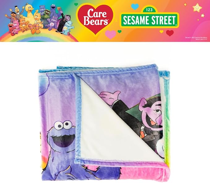 Care Bears x Sesame Street Nostalgic Kids Bedding Super Soft Cozy Plush Throw, 46 in x 60 in, (Officially Licensed Product) by Franco