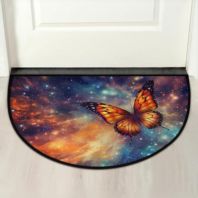 Butterfly Half Round Doormat Non-Slip Semi Circle Rug Half Moon Mat | Color Galaxy Color Washable Soft Absorbent Indoor Outdoor Entrance Kitchen Bathroom Sink Patio Welcome Fireplace Floor Rug