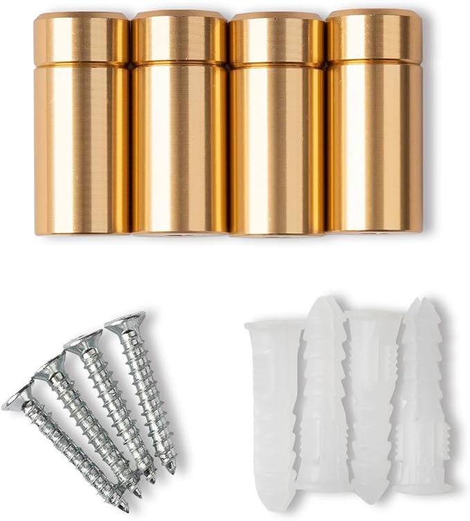 1" Gold Stainless Steel Mounting Hardware for Acrylic Floating Frames (Pack of 4) | 1" Gold Designer Grade Powder-Coated Aluminum Standoffs for Floating Frames, Corrosion-Resistant, with Screws & Anchors
