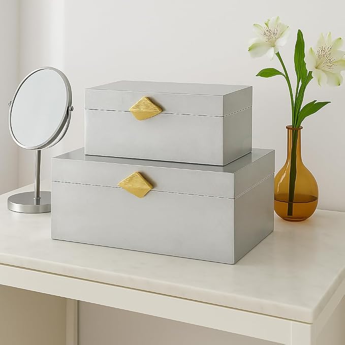 Vintiquewise Set of 2 Decorative Wooden Storage Boxes with Gold Accent – Boxes for Keys, Jewelry, Makeup, Accessories, Crafts, Gadgets, Home Office, Living Room, Bedroom & Entryway Décor, Silver