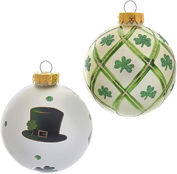Kurt Adler 80MM Silver and Light Green St. Patrick Glass Ball Ornaments, 6 Piece Box