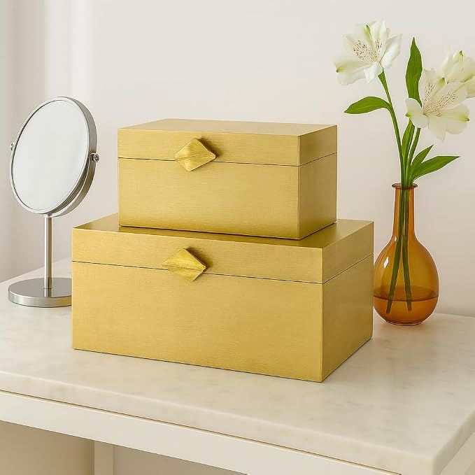 Vintiquewise Set of 2 Decorative Wooden Storage Boxes with Gold Accent – Boxes for Keys, Jewelry, Makeup, Accessories, Crafts, Gadgets, Home Office, Living Room, Bedroom & Entryway Décor, Gold