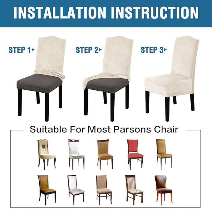 H.VERSAILTEX Velvet Dining Chair Covers Stretch Chair Covers for Dining Room Set of 4 Parson Chair Slipcovers Chair Protectors Covers Dining, Soft Thick Solid Velvet Fabric Washable, Ivory Striped