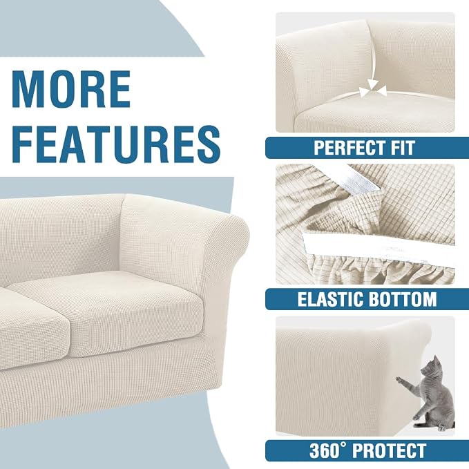 H.VERSAILTEX 4 Piece Stretch Chesterfield Sofa Slipcovers for 3 Seat Cushion Couch Mid Century Deep Seat Sofa Covers (Base Cover Plus 3 Seat Cushion Covers) Thicker Jacquard Fabric (Large Sofa, Ivory)