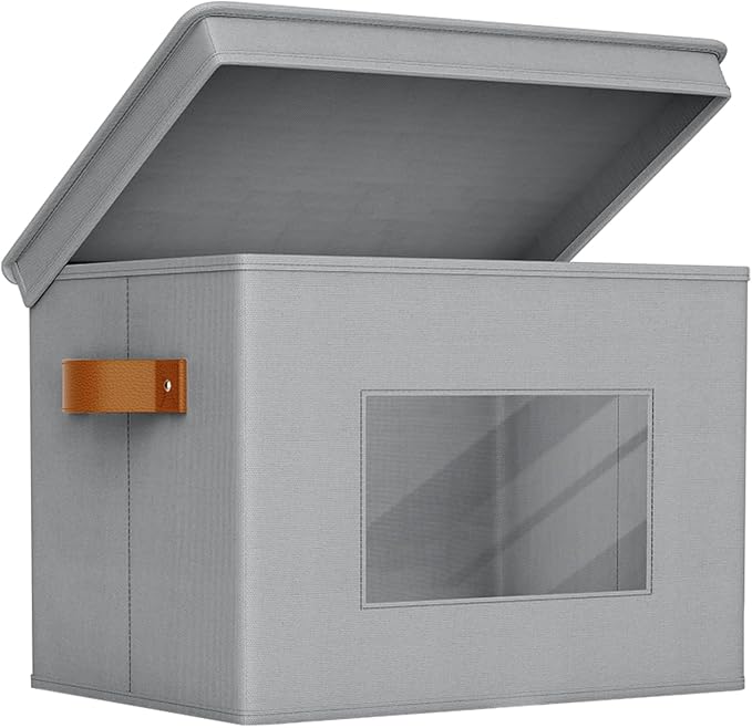 Univivi Storage Bins with Lids Collapsible Foldable Closet Storage Boxes for Clothes [3-Pack] Containers boxes with Handles Closet Storage for Home, Office, Bedroom (Grey,17" x 12"x 12") | 17 x 12 x 12 In Foldable Storage Boxes with Handles, Clear Wind...