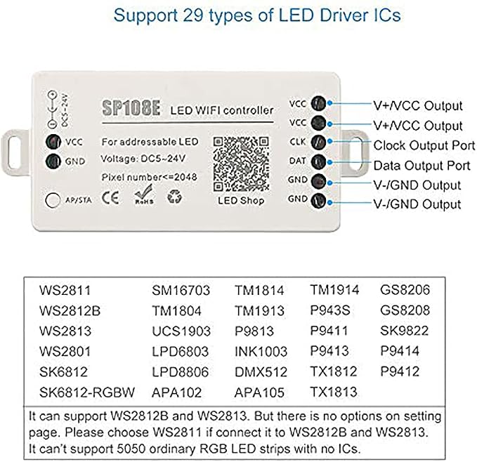 RGBZONE SP108E WiFi LED Controller, Smart APP Control, DC5V/12V/24V WS2812B WS2811 WS2815 WS2801 SK6812-RGBW WS2813 SK9822 etc Almost LED Strip Module Light