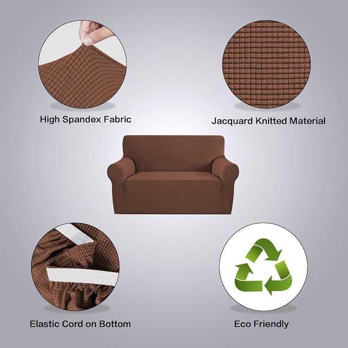 H.VERSAILTEX Stretch Couch Cover Loveseat Covers for 2 Cushion Couch Slipcover|Cover for Loveseat 1 Piece with Elastic Bottom, Checked Jacquard Fabric(58'-70' Wide, Caramel)