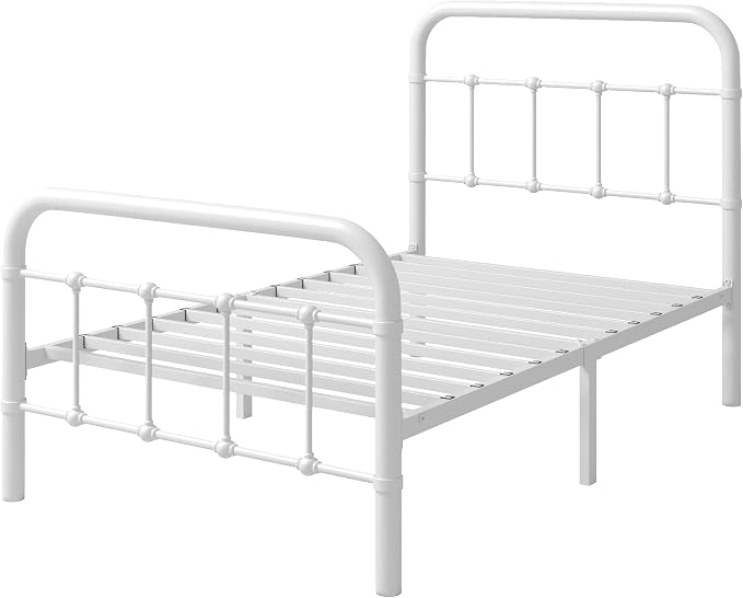 Allewie Twin Metal Bed Frame with Victorian Iron-Art Headboard, White | Victorian Style Wrought Iron-Art Headboard/Footboard, Easy Assembly, Under Bed Storage, No Box Spring Required