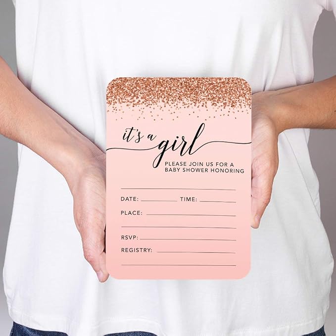 Andaz Press Blush Pink and Rose Gold Glitter Elegant Party Collection, 5x7-inch Invitations with Envelopes, It's a Girl!, 24-Pack, Double Sided Printing, Heavy Card Stock, Includes Envelopes