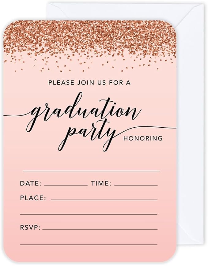 Andaz Press Blush Pink and Rose Gold Glitter Elegant Party Collection, 5x7-inch Invitations with Envelopes, Graduation, 24-Pack, Double Sided Printing, Heavy Card Stock, Includes Envelopes