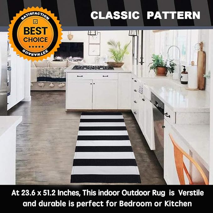KaHouen Black and White Striped Rug (23.6 x 51.2 Inches), Striped Layering Mats, Handmade Woven Indoor Outdoor Doormats Striped Rug for Kitchen/Laundry/Bathroom/Living Room
