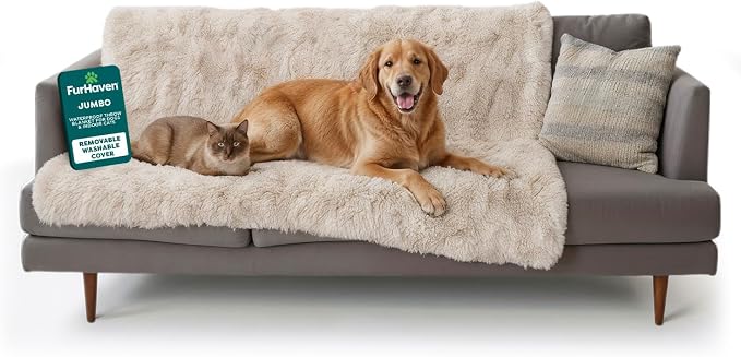 Furhaven Waterproof Throw Blanket for Dogs & Indoor Cats, Reversible Protective Pet Blanket, Extra Large, Long Faux Fur & Velvet, Driftwood