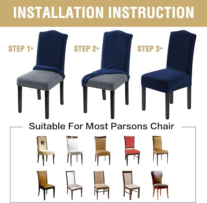 H.VERSAILTEX Velvet Dining Chair Covers Stretch Chair Covers for Dining Room Set of 2 Parson Chair Slipcovers Chair Protectors Covers Dining, Soft Thick Solid Velvet Fabric Washable, Navy