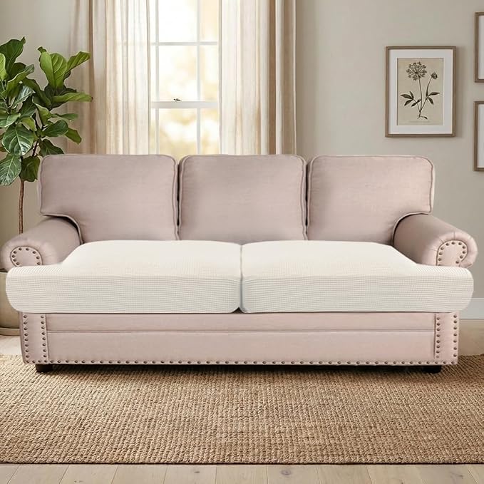 H.VERSAILTEX Stretch 2 Piece T Cushion Sofa Slipcovers Individually Sofa Cushion Covers for 2 Cushion Couch Sofa Seat Cushion Covers with Elastic Bands Featuring Thicker Jacquard Fabric, Cream