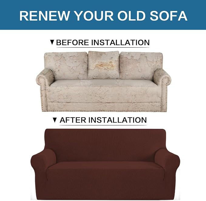 H.VERSAILTEX Stretch Couch Covers for Sofa 1 Piece Slipcovers for Couch and Sofas 3 Seater Couch Cover Feature Thick Checked Jacquard Fabric with Elastic Bottom(Large Sofa 90"-100" Wide, Burnt Brick)