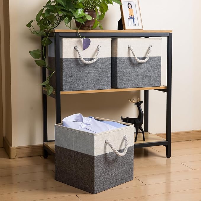 PRANDOM Large Foldable Cube Storage Bins 11x11 inch [4-Pack] Fabric Linen Storage Baskets Cubes Drawer with Cotton Handles Organizer for Shelves Nursery Closet Bedroom White and Grey