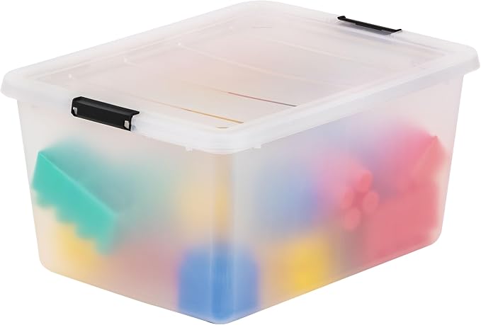 IRIS USA 6-Pack 32 Quart Clip Box with Latching Lid | Latching lid secures office and household supplies. Stackable, nestable design maximizes storage space