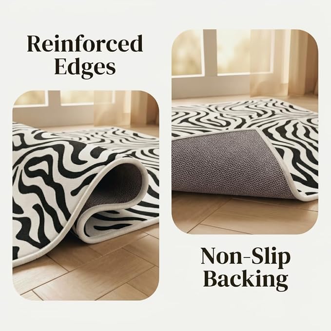 Black and White Rug 3x5 Animal Print with Abstract Stripes, Non-Slip TPE Backing, Low Pile, Washable Rugs Easy Clean, Suitable for Living Rooms, Bedrooms, and Offices