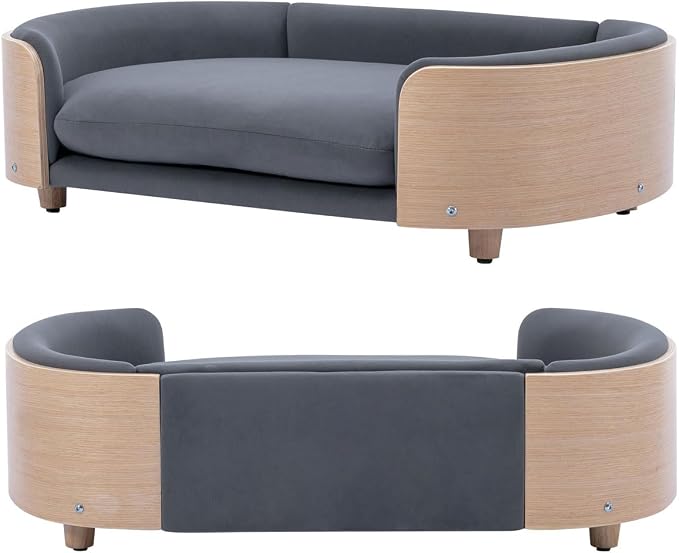 Elevated Dog Bed Pet Sofa with Solid Wood Legs and Bent Soft Backrest, Pet Cat Stool Bed with Velvet Cushion,for Large and Medium Size Dogs Kitten, Large Size