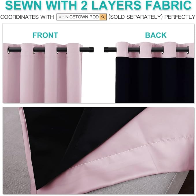 NICETOWN 100% Blackout Window Panel Curtains, Full Light Blocking Drapes with Black Liner for Nursery, 72 inches Drop Thermal Insulated Draperies (Lavender Pink, 2 Pieces, 52 inches Wide Per Panel)
