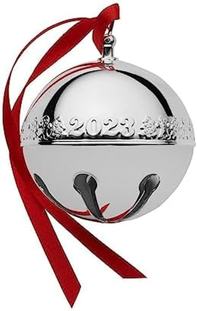 Wallace Silver-Plated Sleigh Bell Ornament 2023-53rd Edition Annual Collectible with Gingerbread Man and Christmas Tree Design, Handcrafted in USA, Includes Gift Box and Velvet Pouch