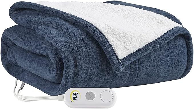 Serta Heated Electric Throw - Reversible Fleece Heating Blanket, Indigo | Dual-Layer Heated Throw Blanket With 5 Heat Settings & Auto Shut Off, Machine Washable, ETL Certified