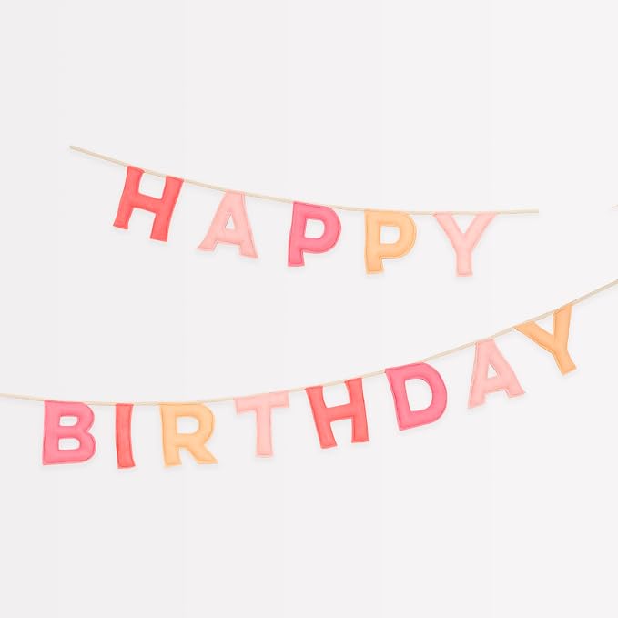 Meri Meri Pink Felt Happy Birthday Banner (Pack of 1), Reusable Party Decoration, 10' Happy Birthday Party Banner Including Excess Cord