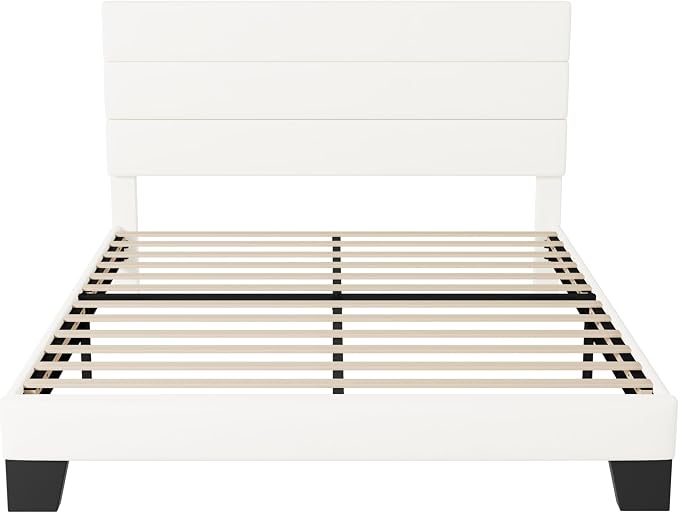 Allewie Queen Size Platform Bed Frame with Velvet Upholstered Headboard | Wooden Slats Support, Fully Upholstered Mattress Foundation, No Box Spring Needed, Easy Assembly, Noise-Free, White