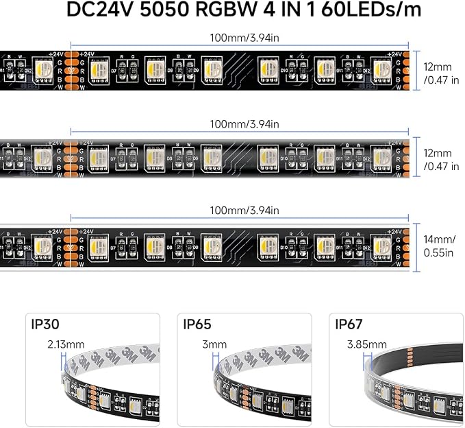 BTF-LIGHTING RGBW LED Strip Lights,UL Listed,5050 4 Colors in 1 RGB + 2700K-3000K Warm White,24V DC,16.4ft/5m 60LEDs/m 12mm Black PCB, IP30 for Home Decoration(No Adapter or Controller)