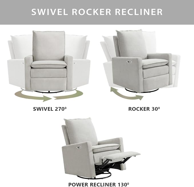 Oxford Baby Uptown Power Upholstered Glider Recliner Rocking Chair 270° Swivel for Nursery and Living Room – Sand, Green Guard Gold Certified