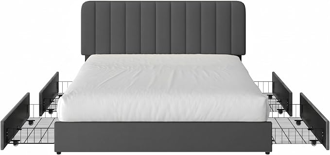VECELO Full Size Upholstered Bed Frame with 4 Drawers and Headboard, Velvet Platform Storage Bedframe, Wooden Slats Support, No Box Spring Needed,Dark Grey
