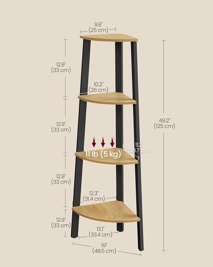 VASAGLE Corner Shelf Stand, 4-Tier Corner Bookshelf, Modern Basic Ladder Shelf, Plant Stand for Living Room, Office, Kitchen, Straw Yellow and Matte Black ULLS034YB01S