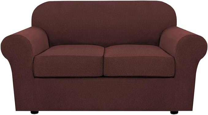 H.VERSAILTEX 3 Piece Stretch Sofa Covers for 2 Cushion Loveseat Couch Covers for Living Room Sofa Slipcovers (Base Cover Plus 2 Seat Cushion Covers) Thicker Jacquard Fabric (Medium Sofa, Burnt Brick)