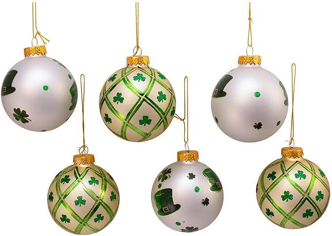 Kurt Adler 80MM Silver and Light Green St. Patrick Glass Ball Ornaments, 6 Piece Box