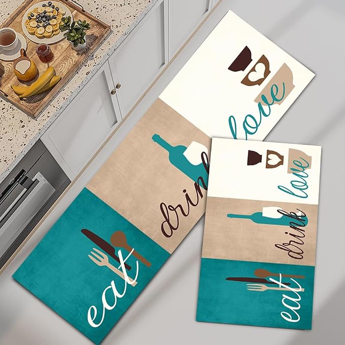 GUBIYU Set of 2 Kitchen Rugs Non Slip Teal Green Beige Washable Area Rugs With Eat Drink Love Motto Design Rustic Decor and Accessories for Kitchen Floor and Bathroom