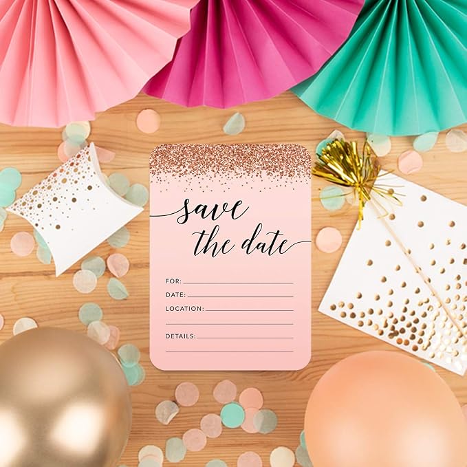 Andaz Press Blush Pink and Rose Gold Glitter Elegant Party Collection, 5x7-inch Invitations with Envelopes, Save The Date, 24-Pack, Double Sided Printing, Heavy Card Stock, Includes Envelopes