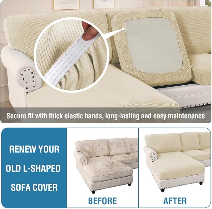 H.VERSAILTEX Sectional Couch Covers 8 Pieces Stretch Sofa Covers for Sectional Sofa Set Separate L Shaped Couch Cover for Both Left/Right Couch (Seat and Back: 1 Chaise + 3 Sofa, Natural)