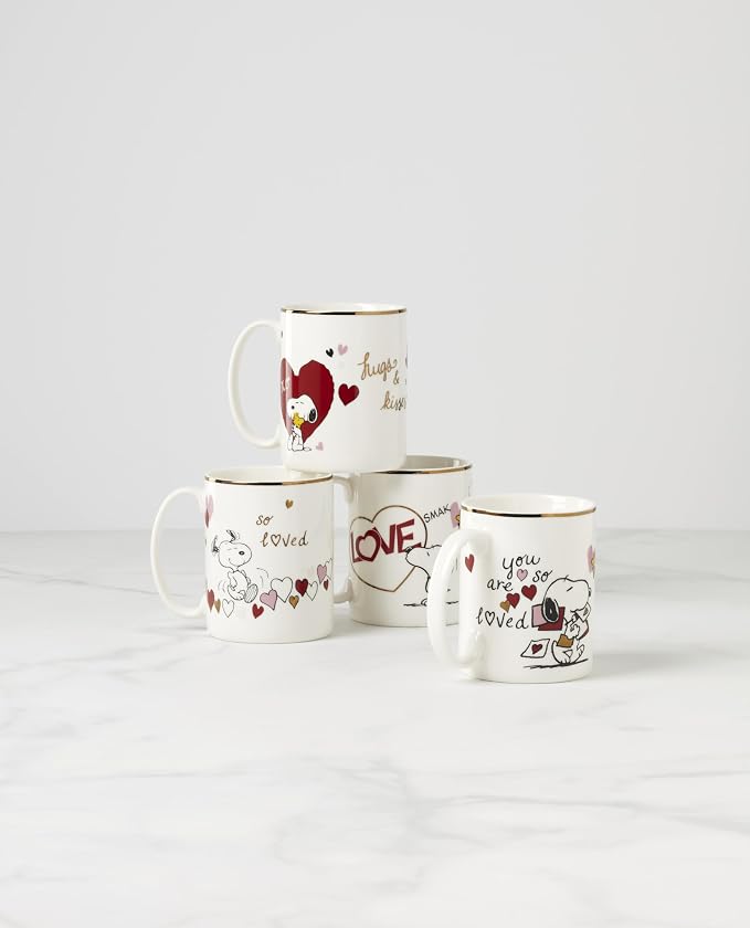 Lenox Snoopy Valentine's Day Porcelain Mug Set for 4, 12oz | dishwasher safe, microwave safe | gift for snoopy fans | 4 inch, 12oz, coffee mug, gift for women, drinkware