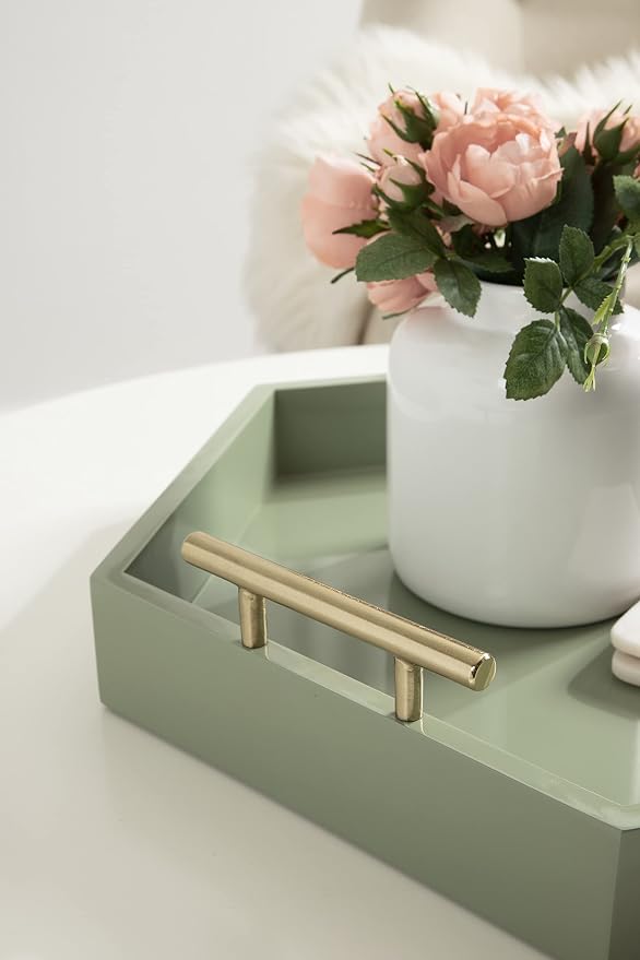 Kate and Laurel Lipton Modern Hexagon Tray; 18 x 18; Sage Green with Gold Handles; Midcentury Decorative Serving Tray for Storage and Display in Living Room Decor Scheme