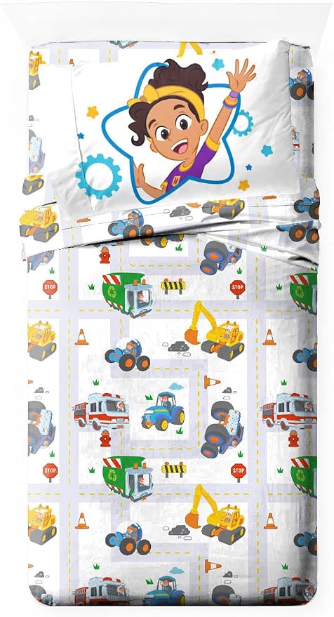 Jay Franco Kids Sheet Cartoon Set with Fitted, Flat Sheets & Pillow Cover - Ultra-Soft Bedding with Pillowcase for Room Decor, White - Blippi, 3 Piece Toddler