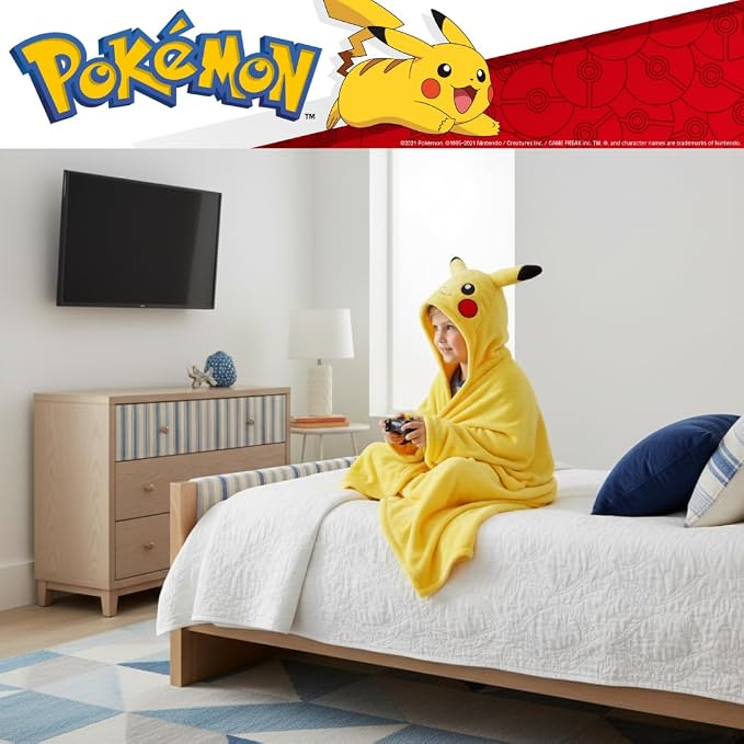 Pokemon Pikachu Hooded Throw - Kids Bedding Super Soft Throw Blanket - 30 in x 50 in, (Officially Licensed Product) by Franco