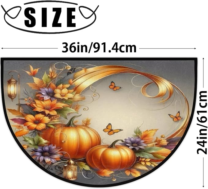 Pumpkin Half Round Doormat Non-Slip Semi Circle Rug Half Moon Mat | Fall Flower Grey Washable Soft Absorbent Indoor Outdoor Entrance Kitchen Bathroom Sink Patio Welcome Fireplace Floor Rug