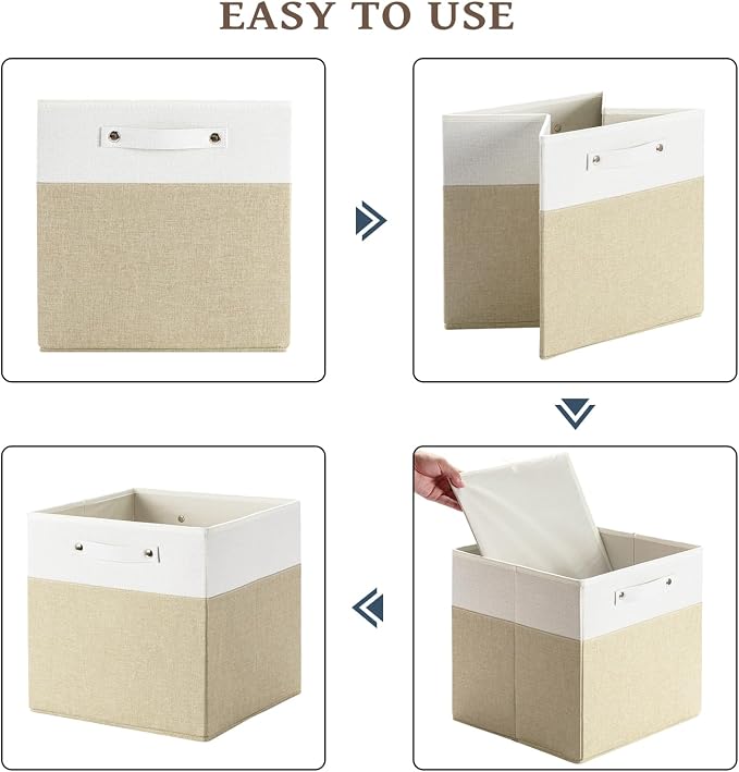 FinishingBo 13x13x13 Storage Cube Bins 4 Pack, Cube Shelf Baskets | Foldable Storage Cubes, Linen Storage Bins with Handles, Closet Organizers, White/Khaki