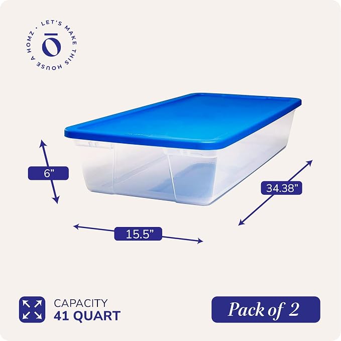 HOMZ Snaplock Clear Plastic Bin 41 Quart/10 Gallon | Storage Tote with Secure Lid | for Home, Office, Garage, Dorm Room Organizer | Stackable & Nestable | Blue Lid, Pack of 2